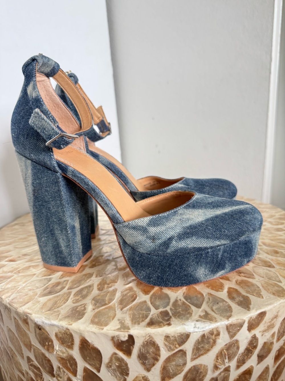 Bill Blass Blue Ellie Bleached Denim Tie-Dye Platform Ankle-Strap Heels - Picture 3 of 15